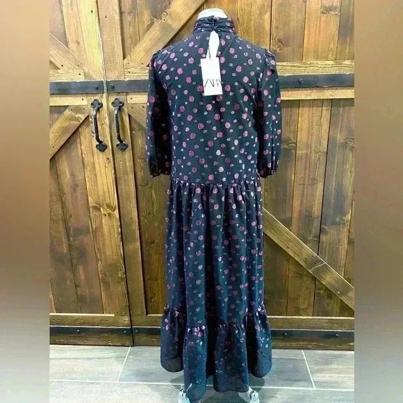 NWT ZARA Pink Polka Dot Voluminous Black Midi Dress Women’s M - Picture 7 of 13